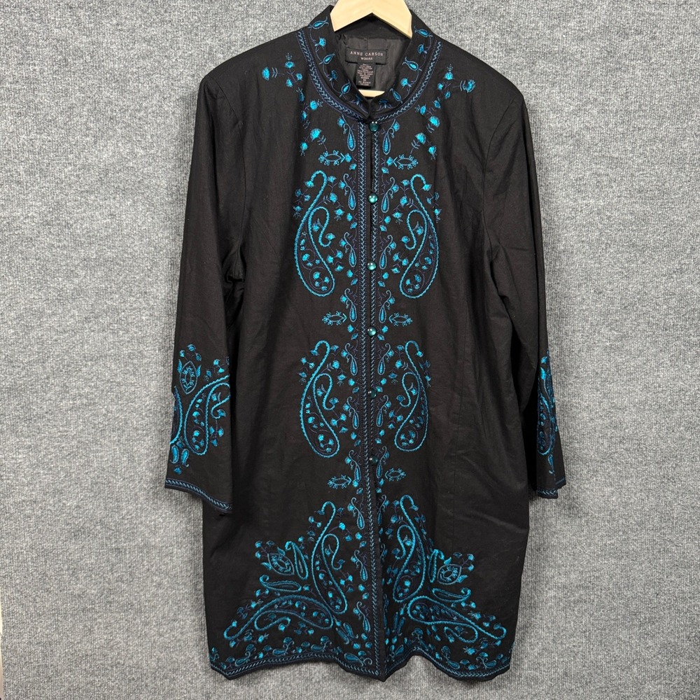 Anne Carson 1X Jacket Duster Black Blue Embroidered Paisley Peasant Linen Cotton